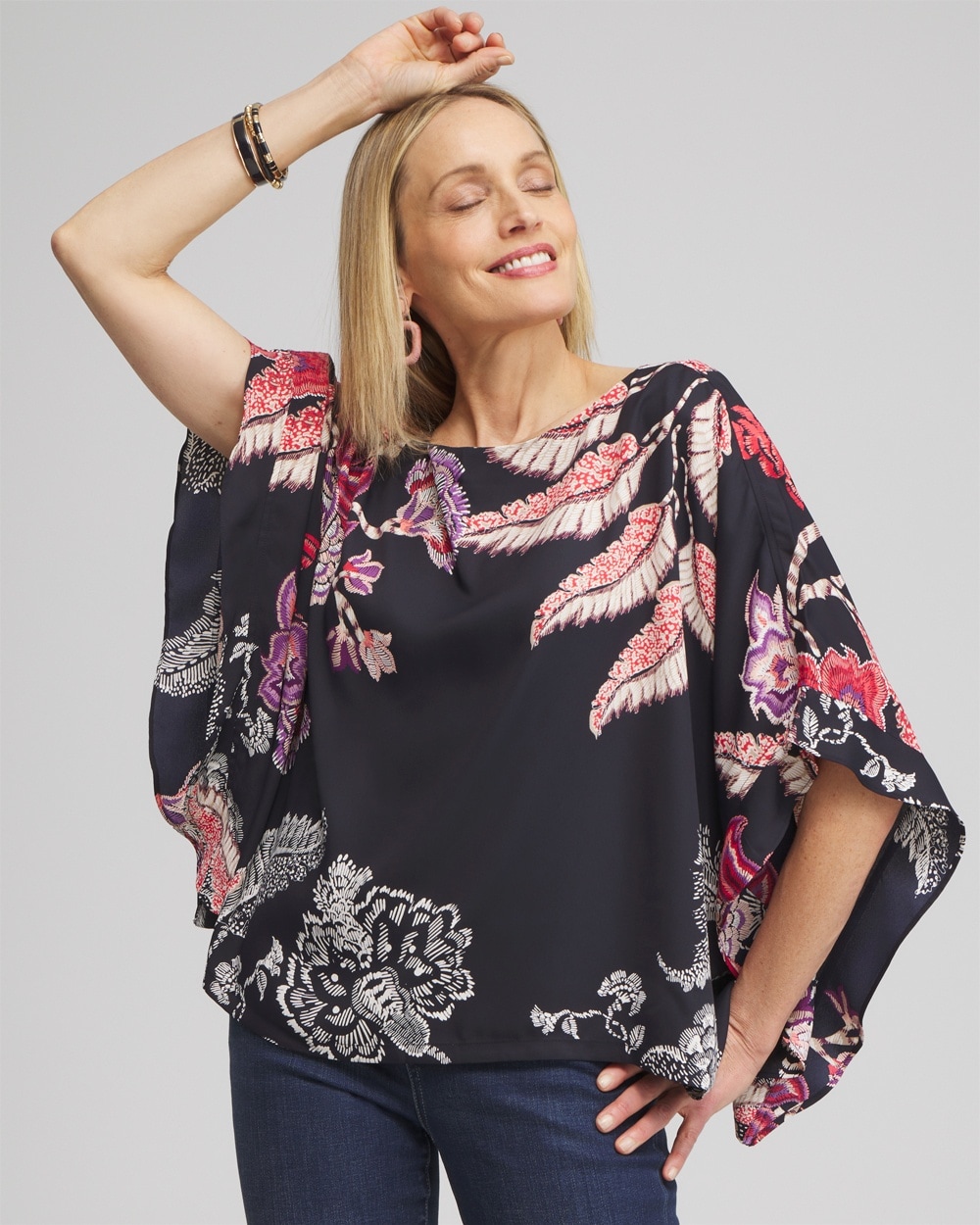 Chico's Scarves | Ruffle Detail Floral Poncho Classic Navy