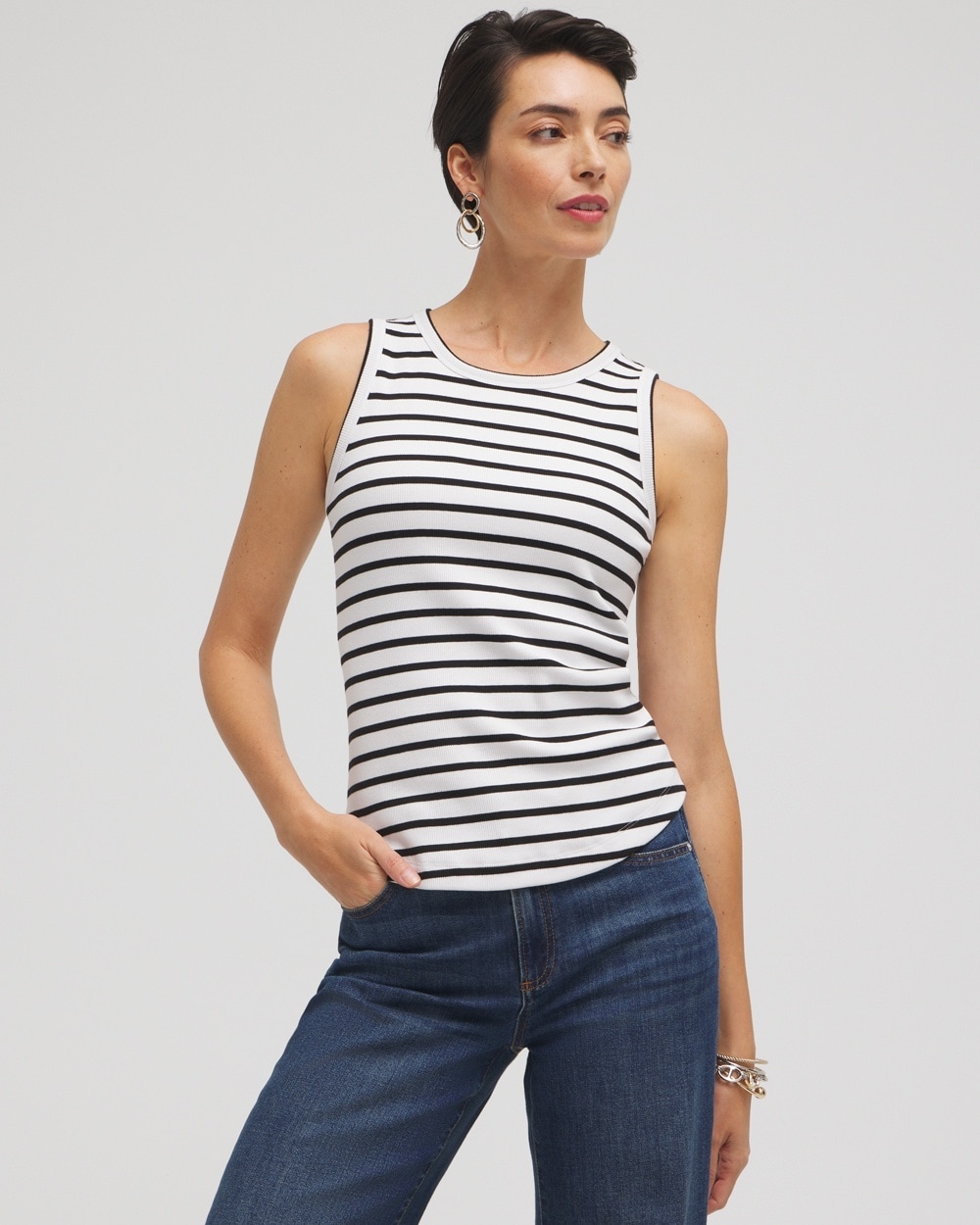 Chico's Tops | Stripe Ribbed High Neck Tank Black