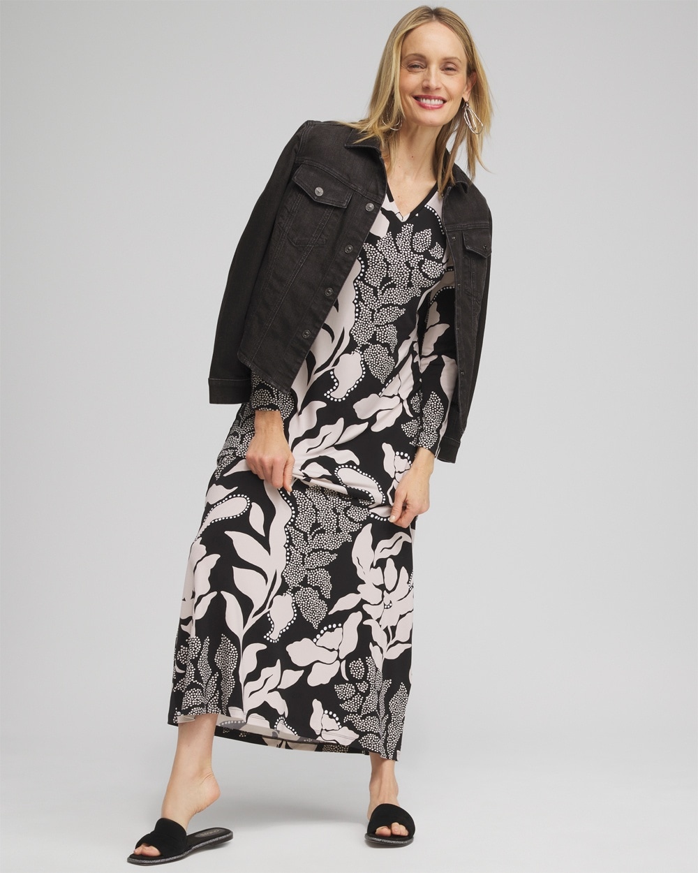 Chico's Dresses & Skirts | V-neck Vine Print Maxi Dress Black