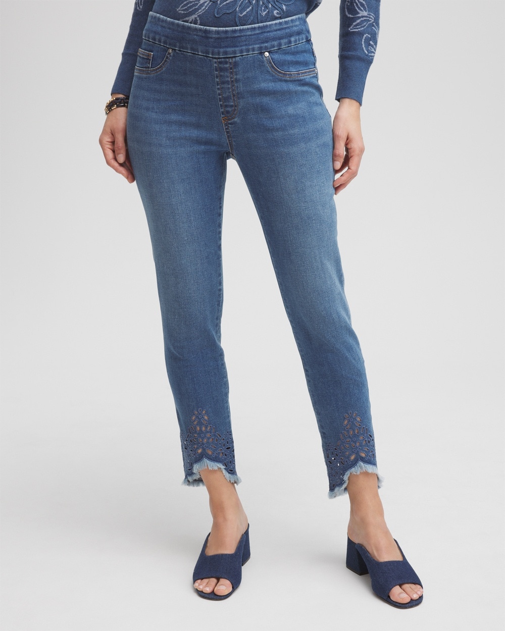 Chico's Jeans & Denim | Eyelet Tulip Hem Pull-on Ankle Jeggings Aquaria Indigo