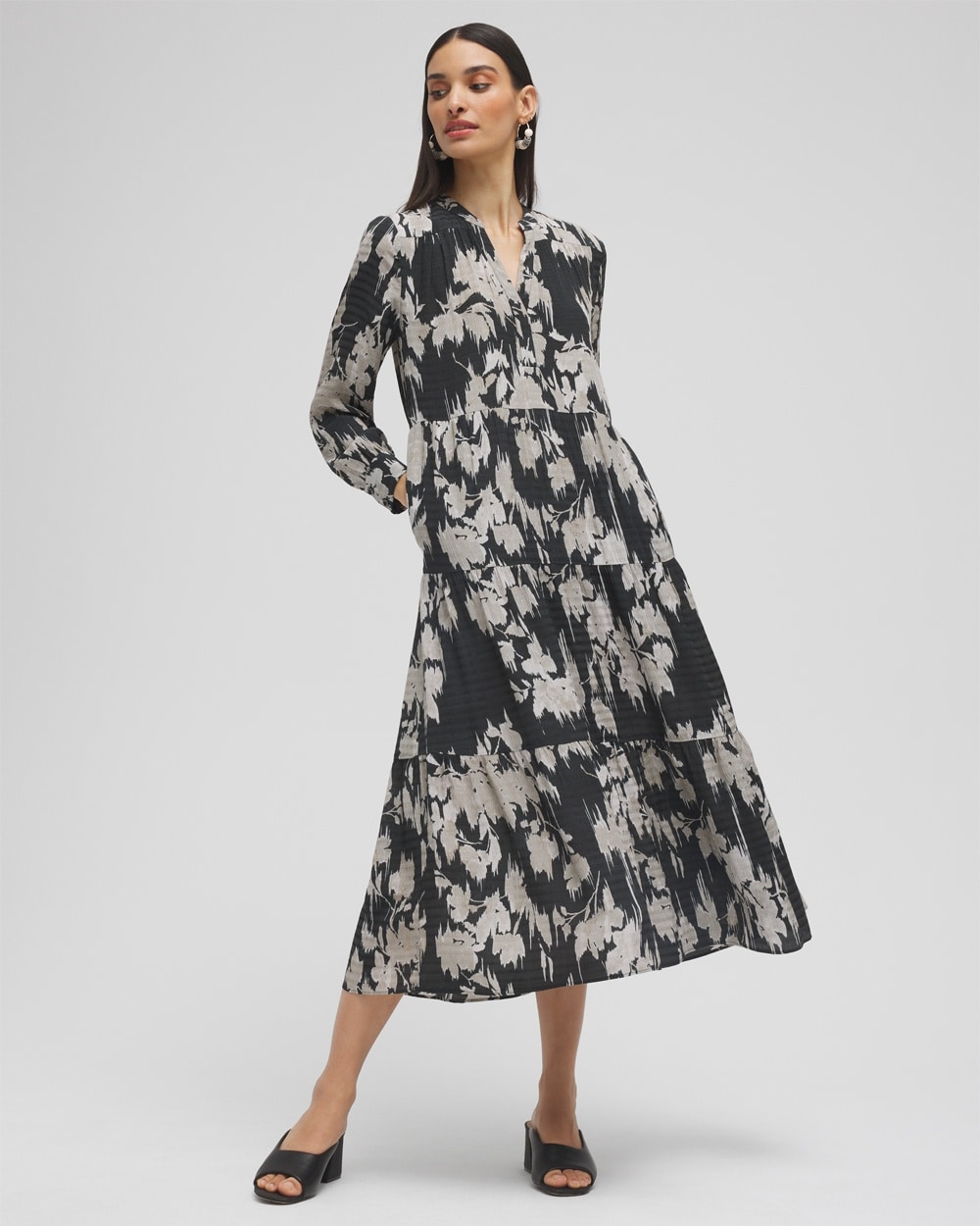 Chico's Dresses & Skirts | Floral Tiered Midi Dress Black