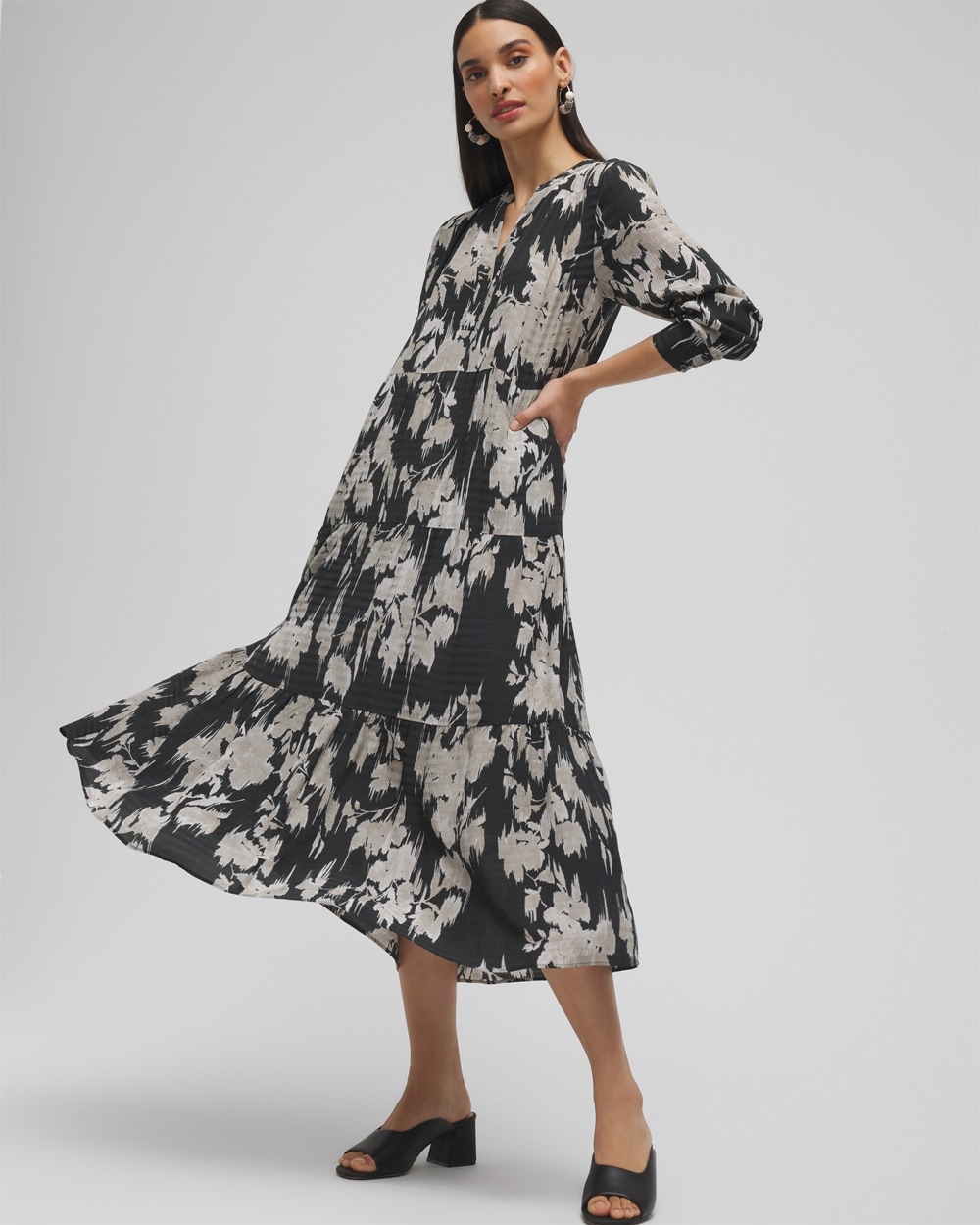 Chico's Dresses & Skirts | Floral Tiered Midi Dress Black