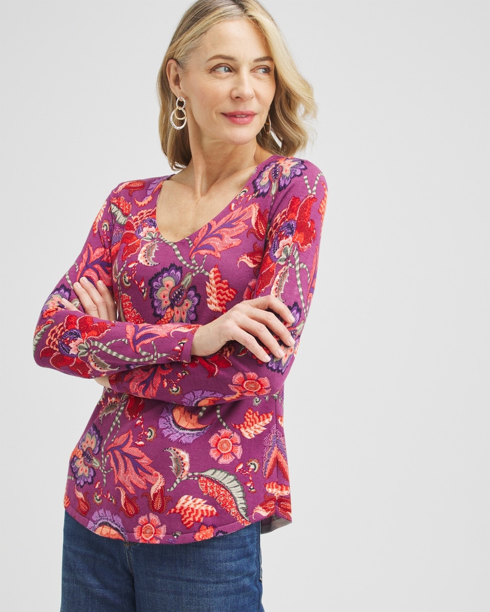 Chico's Sweaters | Spun Rayon Floral V-neck Pullover Ginger Rose