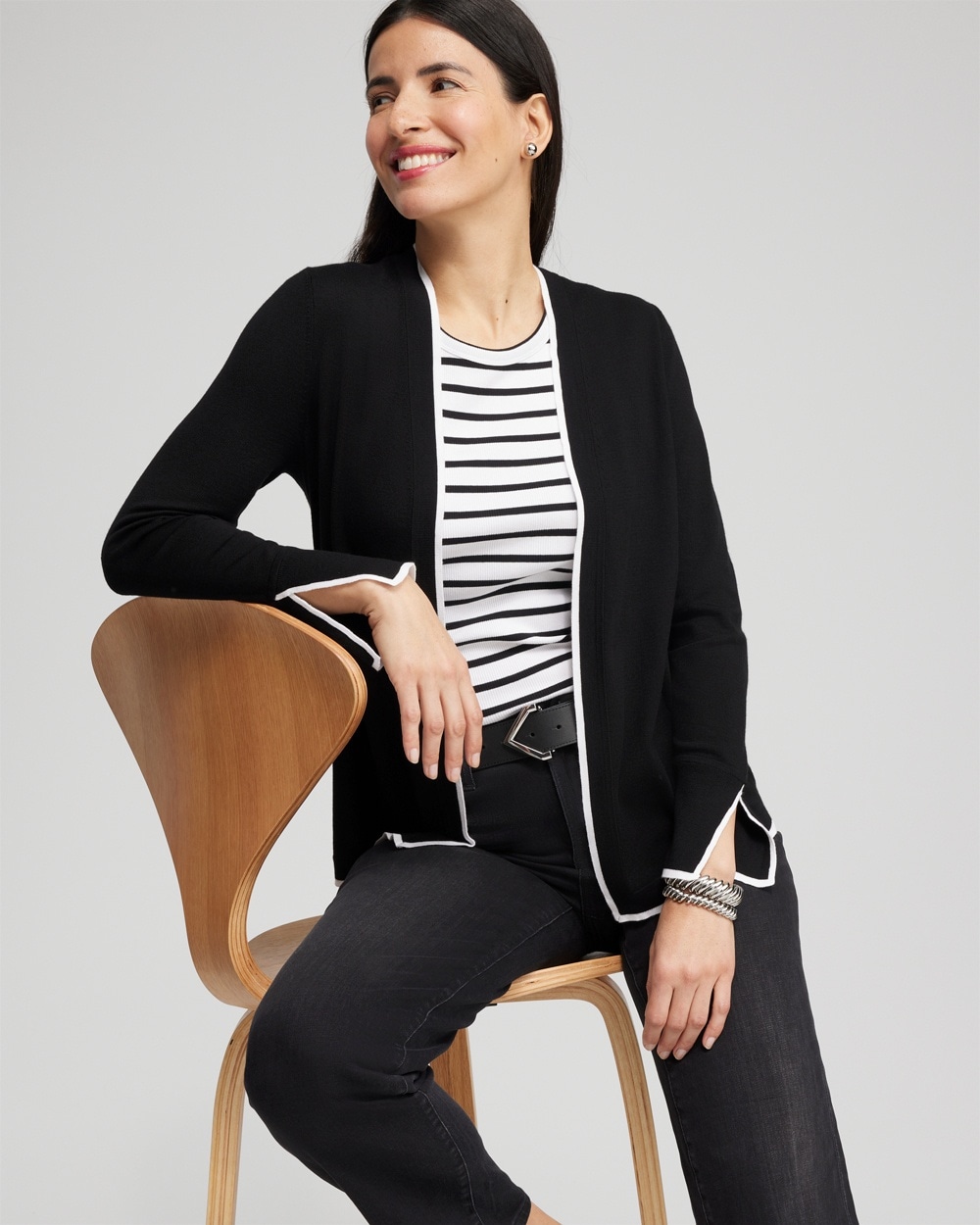 Chico's Sweaters | Spun Rayon Contrast Trim Cardigan Black